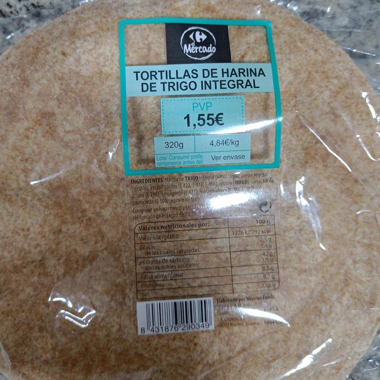 Fotografie - Tortillas de harina de trigo integral Carrefour