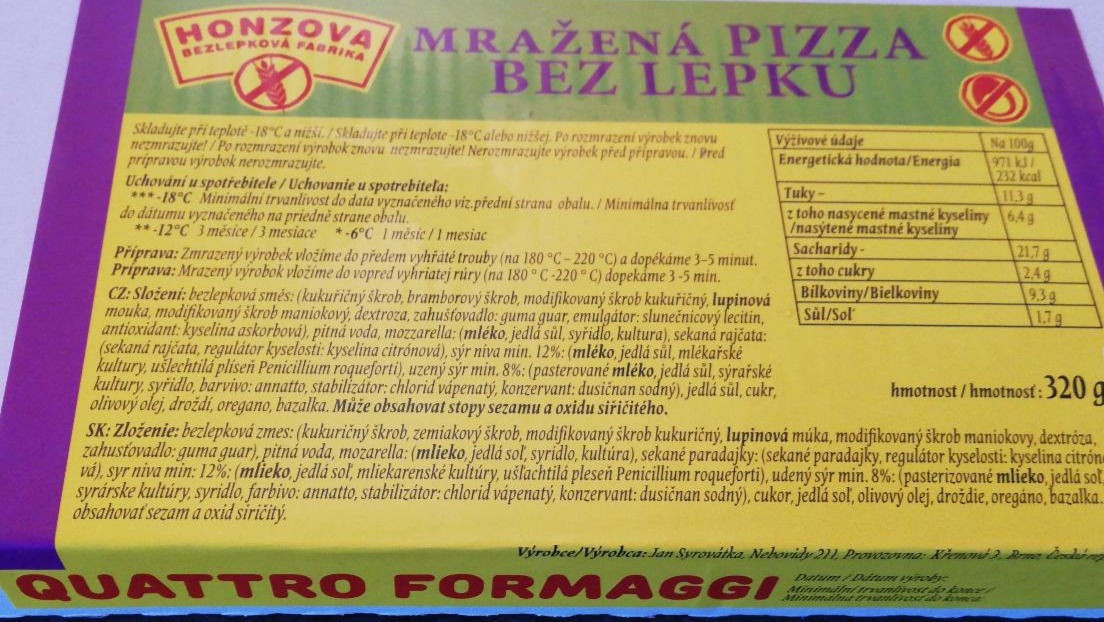Fotografie - Mražená pizza bez lepku Quattro formaggi Honzova bezlepková fabrika