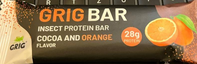 Fotografie - Grig Bar Insect protein bar Cocoa and Orange flavor Grig