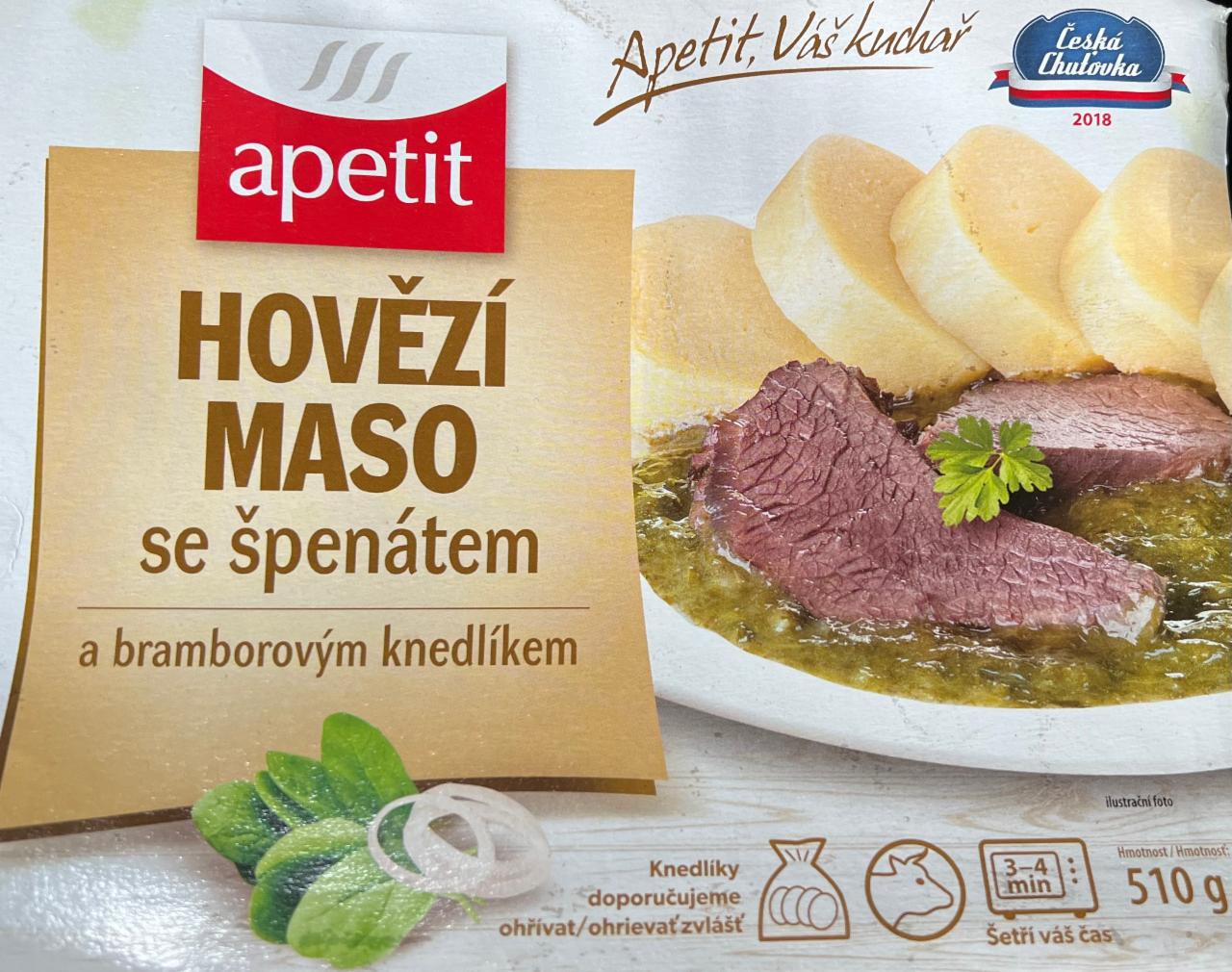 Fotografie - hovězí se špenátem a bramborovým knedlíkem APETIT