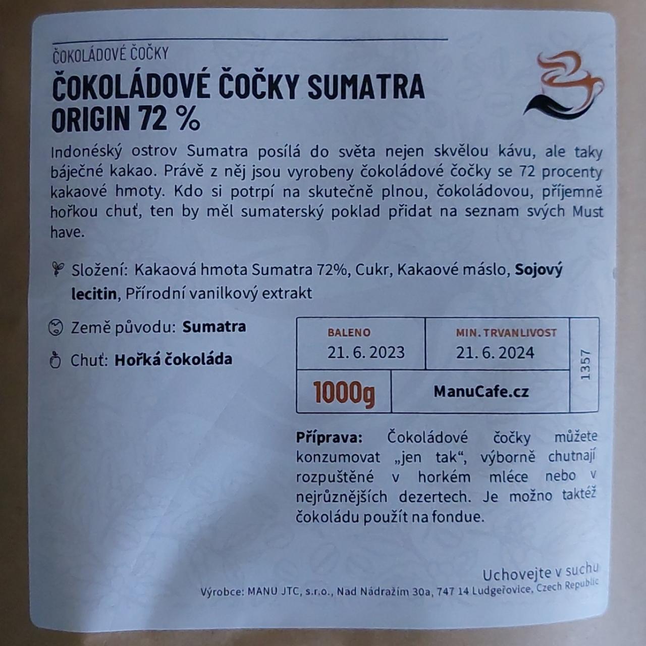 Fotografie - Čokoládové čočky Sumatra origin 72% Manu cafe