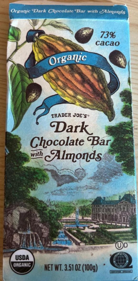 Fotografie - Dark Chocolate Bar with Almonds Trader Joe's