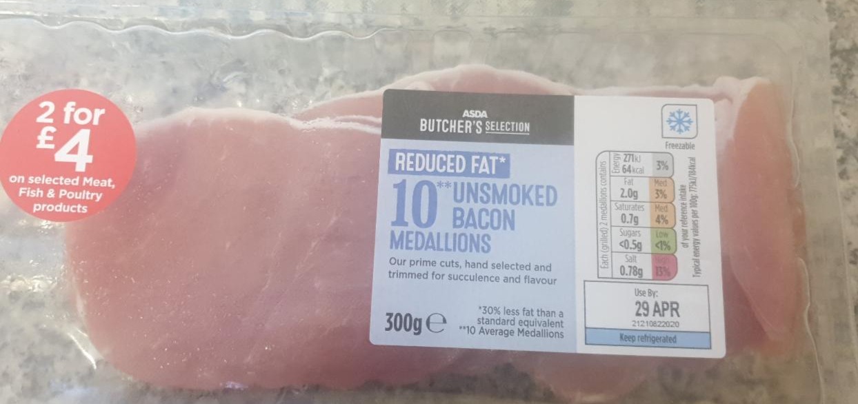 Fotografie - 10 Reduced Fat Unsmoked Bacon Medallions Asda