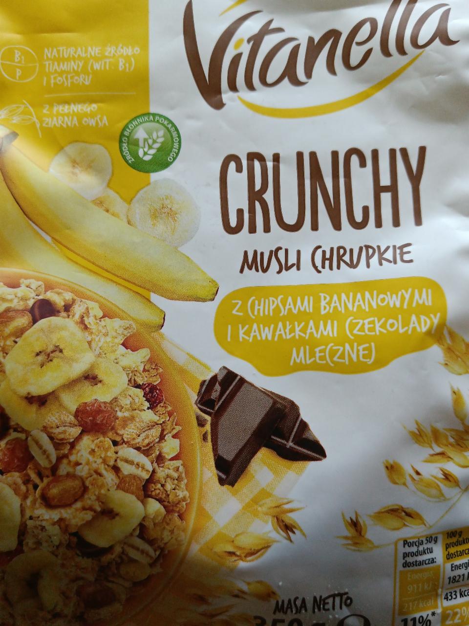 Fotografie - Crunchy Musli Chrupkie z Chipsami Bananowymi i Kawałkami Czekolady Mlecznej Vitanella